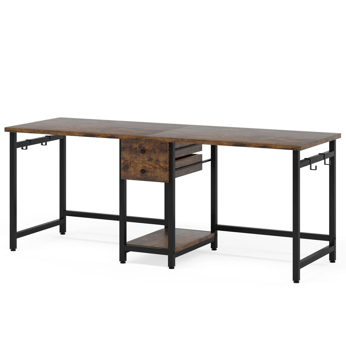 2 Person Computer Desk With Drawers And Shelves, Extra Long Double Workstation